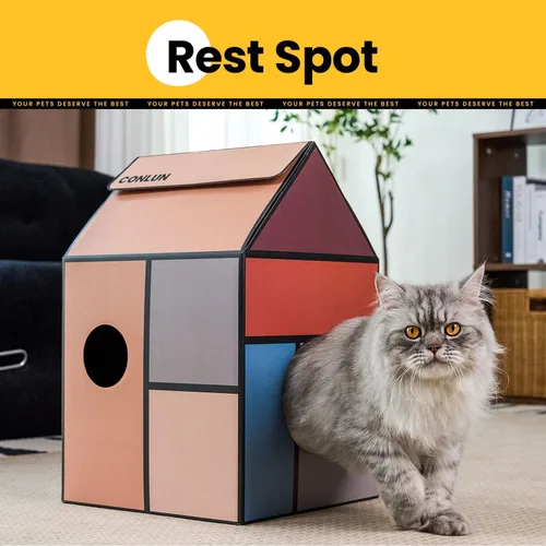 Miniatura 4 de Conlun Casa de cartón para gatos con almohadilla para rascar y hierba gatera, casa rascador para juegos de gatos para muebles de interior, rascador