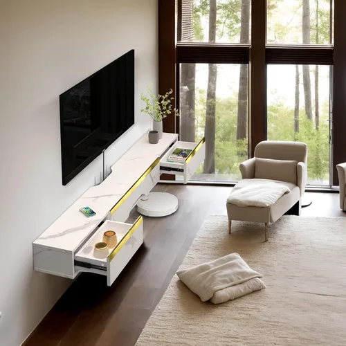 Miniatura 4 de Pmnianhua Estante Flotante de TV con Cajones, Consola de TV Montada en Pared de 59'', Estante de Medios de Entretenimiento con 2 Cajones y 1 Puerta