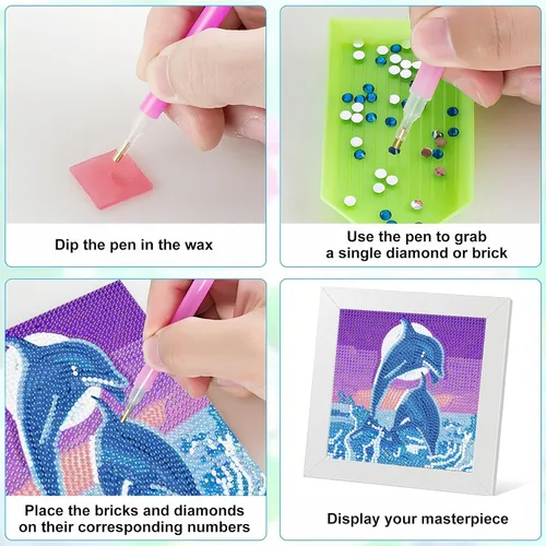 Miniatura 6 de DIYGEMDOT Kit de Pintura de Diamantes de Delfín para Niños con Marco de Madera, Arte de Diamantes 5D de Gemas para Principiantes, Manualidades
