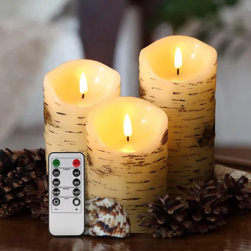 Eywamage Velas de pilar sin llama de corteza de abedul con control remoto, velas LED rústicas parpadeantes con batería de madera, juego de 3 Parte