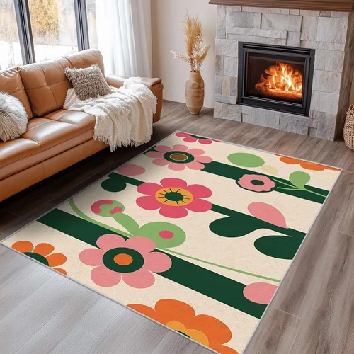 Retro 60s 70s Throw Rugs for Entryway 2x3 - Aesthetic Groovy Floral Carpet for Bedroom Front Door - Colorful Washable Area Rug & Home Decor, Soft