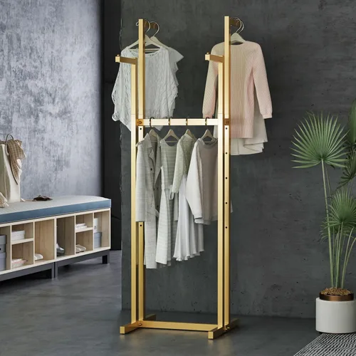 Miniatura 8 de Percheros Dorados para Ropa, Perchero de Metal con 4 Brazos Rectos, Perchero de Pie para Colgar Ropa Resistente, 46" a 63" de Altura Ajustable