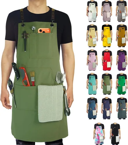 Delantal de Cocina, Delantal de Trabajo, Lona, Múltiples Bolsillos, Jardinería, Pintura, BBQ, Artista, Carpintero, Tallas M a XXL, Oliva