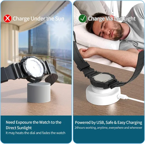Miniatura 7 de Cargador de reloj solar, temporizador de apagado de 8H con hombres, mujeres y 3 tapas cuadradas, luz UV LED, carga rápida, relojes Eco Drive