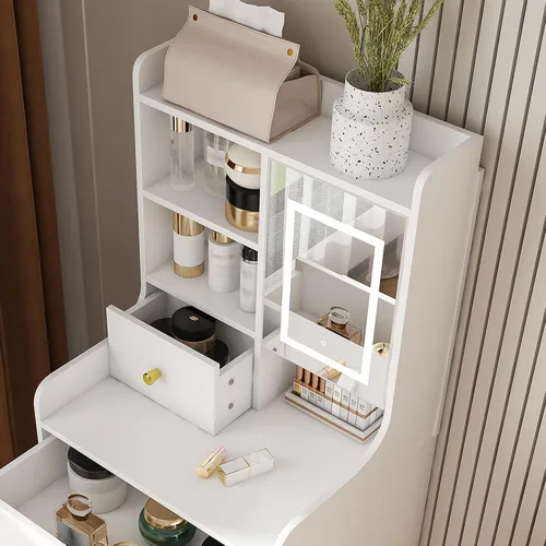 Miniatura 8 de Runboll - Mesa de Tocador Compacta con Taburete de Almacenamiento y Espejo Iluminado Ajustable, Escritorio de Maquillaje Pequeño 3-en-1 con 4