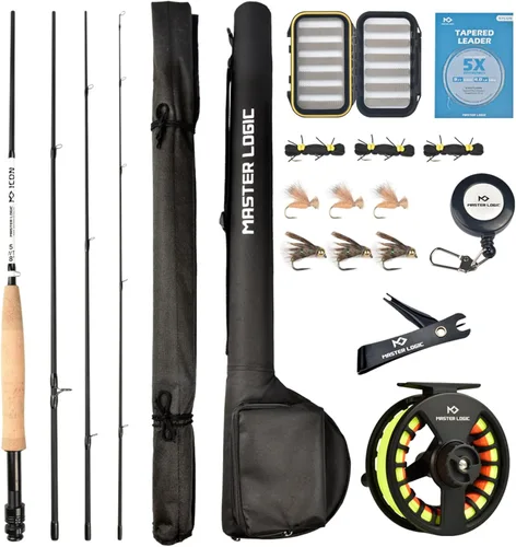 Miniatura 9 de Kit de inicio de combo de caña y carrete de pesca con mosca MASTER LOGIC, caña de pesca con mosca de grafito con mango de corcho, carrete