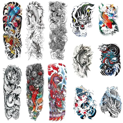 Tatuajes temporales de manga de pez dragón, tatuajes temporales de dragón de pez falso, tatuajes de medio brazo y mangas de tatuaje extra grandes