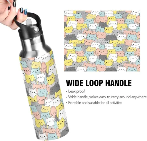 Miniatura 4 de BPA-Free Sports Water Bottle 20 Oz, Insulated Stainless Steel Water Bottle with Straw for Gym Outdoor Travel School, Cute Cats Colorful
