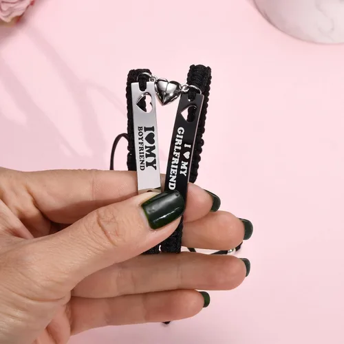 Miniatura 5 de Pulseras de corazón a juego para parejas, ajustables, trenzadas, con texto en inglés "I Love My Boyfriend Girl", pulseras de larga distancia