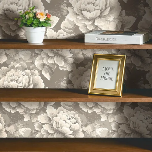 Miniatura 5 de Papel tapiz floral neutro para despegar y pegar, gris, beige, marrón, marrón topo, marrón, marrón, marrón, marrón, marrón, marrón, vintage, papel