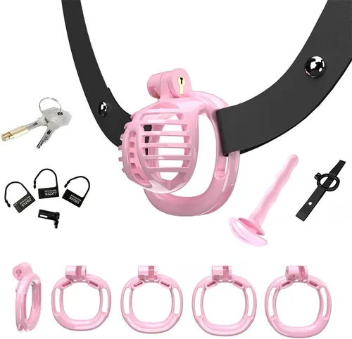 Miniatura 11 de Heuceo Jaula de castidad pequeña y ligera con 4 anillos y cinturón de castidad y dilatador uretral de silicona para hombre, mini jaula de pene liso