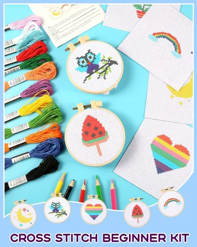 Miniatura 3 de Pllieay Kit de punto de cruz para principiantes para niños de 7 a 13 años, incluye 6 patrones de punto de cruz y 2 aros, 12 madejas, kit de inicio