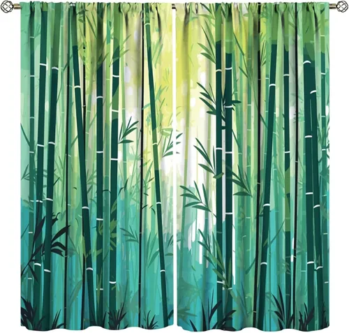 Miniatura 25 de Cortinas con estampado de bambú verde natural, plantas asiáticas, japonesas, tallos rústicos, hojas, cortina de selva con bolsillo para cortinero