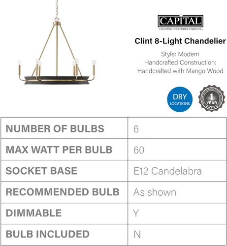 Miniatura 5 de Capital Lighting 447361KR Finn - Candelabro redondo de madera de mango hecho a mano, 6 luces, 360 vatios totales, 27 pulgadas de alto x 31 pulgadas