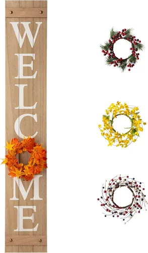 Miniatura 9 de Glitzhome - Letrero con palabra en inglés «Welcome» para puerta delantera, porche, rústico, de madera, con 3 coronas de flores intercambiables