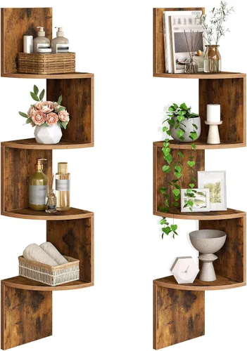 Miniatura 19 de HOOBRO Estante esquinero montado en la pared, juego de 2 estantes de esquina flotantes para pared, estantes esquineros de 4 niveles para sala