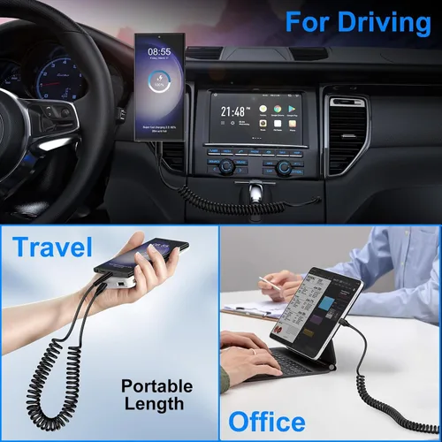 Miniatura 7 de Cable USB C para Android Auto de carga rápida, 3 pies + 6 pies, retráctil en espiral tipo C a C, cable de carga de teléfono para Samsung Galaxy A17