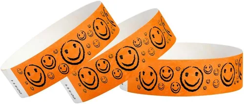 Miniatura 6 de 500 pulseras Tyvek de Wristco con cara sonriente verde neón para eventos, ¾ x 10 pulgadas, impermeables, reciclables, cómodas, resistentes a
