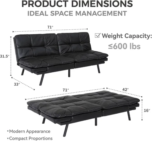 Miniatura 2 de Sofá cama futón, sofá cama convertible de espuma viscoelástica, moderno sofá cama plegable para espacio de vida pequeño y compacto (negro + PU#)