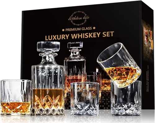 LIGHTEN LIFE Juego de decantador de whisky de cristal para hombre, caja de regalo con vasos, vidrio sin plomo para bourbon y licor, perfecto para