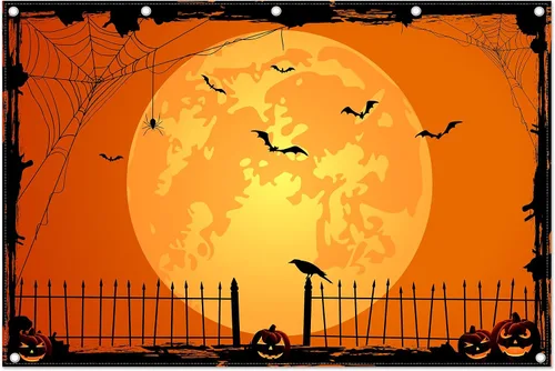Miniatura 12 de Telón de fondo naranja para fotos de Halloween de 10 x 8 pies para fiestas, parche de calabaza grande, luna, fotografía, fondo, bruja para niños