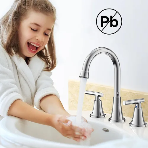 Miniatura 7 de Hurran - Grifos de baño para fregadero de 3 agujeros, grifo cromado para fregadero de baño con drenaje emergente y líneas de suministro, grifo Cromo