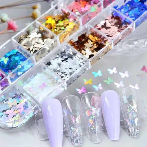 Miniatura 3 de 12 rejillas holográficas de mariposa para arte de uñas, lentejuelas con purpurina láser 3D brillantes para diseño de uñas acrílicas, paillettes