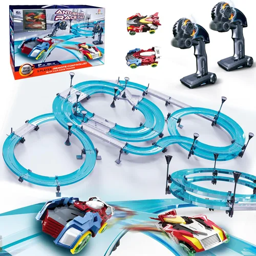 Juegos de pistas de carreras de coches de ranura eléctrico a control remoto para niños, juego de carreras eléctrico recargable con controladores de