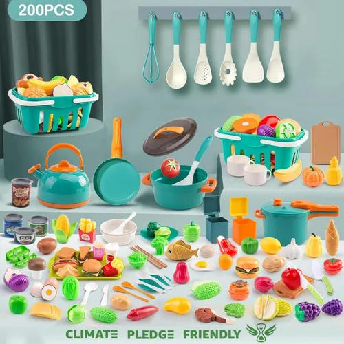 Miniatura 2 de 200 piezas de accesorios mini para cocina de juego para niños, juego de cocina de simulación con utensilios de cocina, vajilla y 2 juegos de frutas