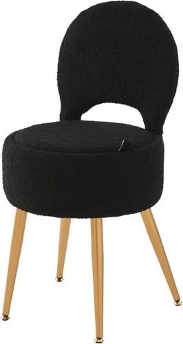 Taburete silla de tocador pequeño con almacenamiento y respaldo plegable, 4 patas de metal con pies antideslizantes, otomana redonda con asiento de