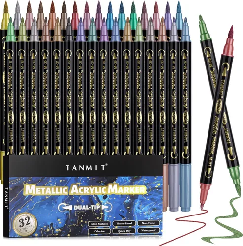 TANMIT Rotuladores metálicos de 32 colores, rotuladores de pintura acrílica de doble punta para papel negro, álbumes de recortes, pintura roca,