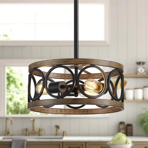 XINGQI Lámpara de Techo Negra Araña de Altura Ajustable Lámpara Colgante Moderna de Granja Accesorio de Iluminación de Metal con Veta de Madera 13"