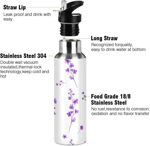 Miniatura 3 de Purple Flowers Leaves Stainless Steel Water Bottle 20 Oz Leakproof Water Bottles, BPA-Free Sports Water Bottle with Straw