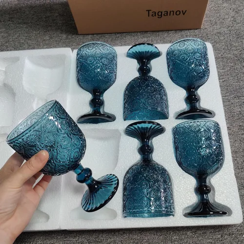 Miniatura 7 de Taganov Juego de 6 copas de vino de vidrio azul vintage, cristalería para beber con tallo, 12 onzas, 350 ml, para bodas, fiestas, barra
