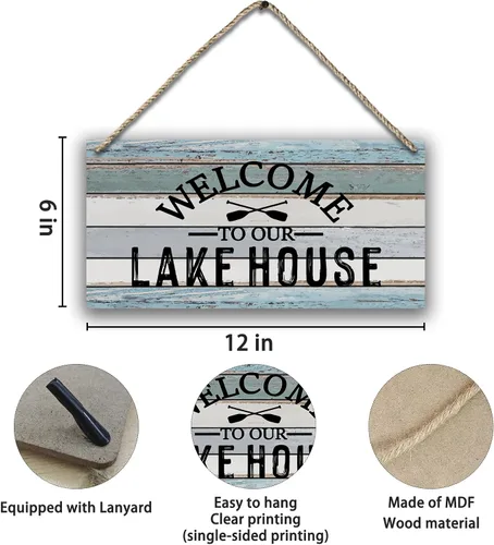 Miniatura 6 de Letrero de madera impreso para colgar en la pared, diseño rústico para casa de lago, decoración del hogar, verano, 12 x 6 pulgadas