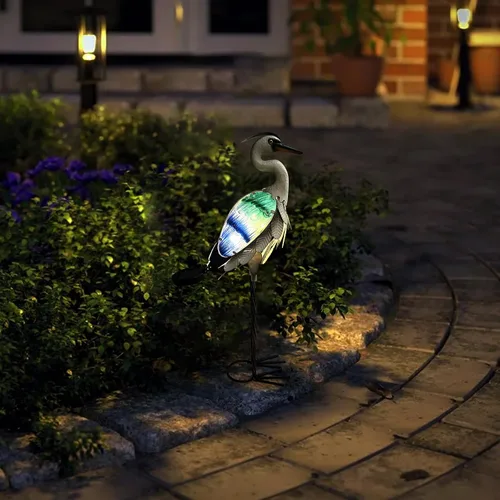 Miniatura 2 de HONGLAND Estatua de grúa de metal solar para jardín, escultura de garza de cristal al aire libre, decoración de pájaro costero del océano