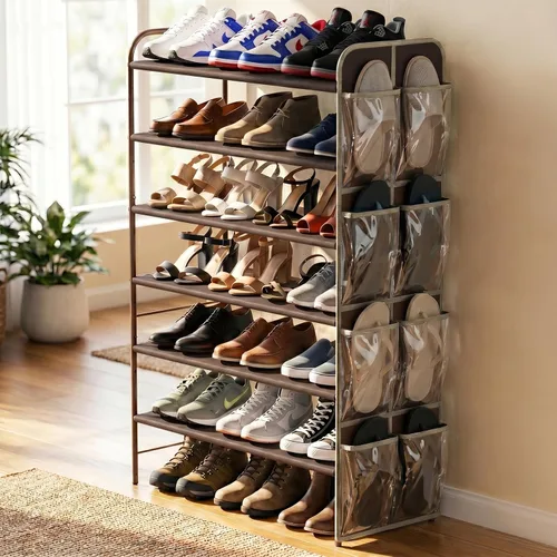 Miniatura 2 de Simple Houseware Organizador de almacenamiento para zapatos de 6 niveles con bolsa lateral para colgar, bronce