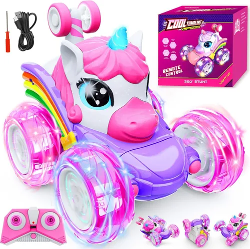 Coche de juguete a control remoto de unicornio para niña, auto de acrobacias RC giratorio de 360° color rosa 4WD para niños, auto de juguete de 2.4