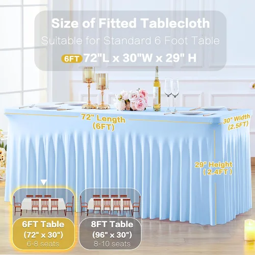 Miniatura 6 de Paquete de 2 manteles color azul bebé para mesas rectangulares de 6 pies, mantel ajustable de elastano, fundas de mesa elásticas de 6 pies, manteles