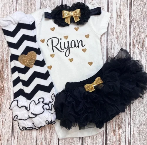 Miniatura 3 de Traje personalizado de baby girl para baby shower, con nombre personalizado con purpurina y corazón, tutú con diadema y calentadores de piernas