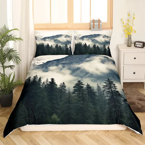 Miniatura 3 de Erosebridal Juego de funda de edredón de montaña ahumada, pinos y niebla, color gris, tamaño King, para niños, adolescentes y adultos, funda
