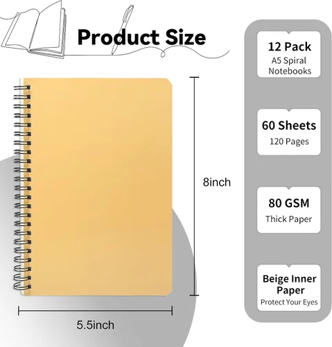 Miniatura 2 de miikoul Paquete de 12 cuadernos en espiral A5 rayados, 8.3" x 5.5", 60 hojas/120 páginas de papel con líneas anchas, cuadernos en espiral, papel