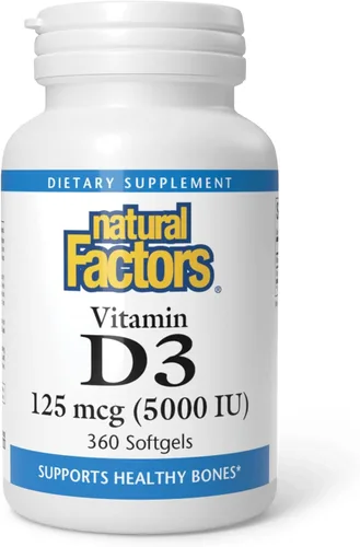Miniatura 10 de Natural Factors - Vitamina D3 5000 UI, apoya huesos saludables, 120 geles blandos