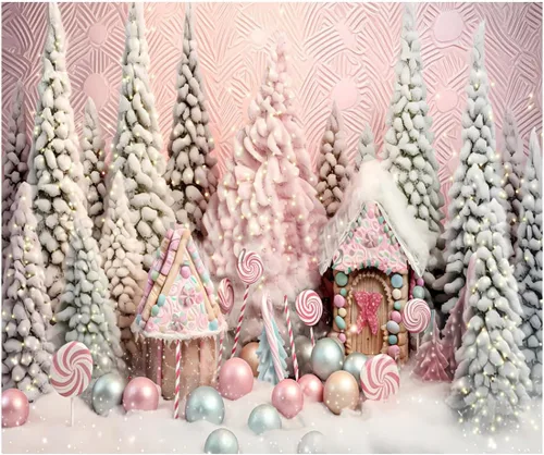 Miniatura 7 de Kate Decoración interior del árbol de Navidad de 7 x 5 pies Fondos de fotografía de pan de jengibre Candy House Pink Christmas Party Theme Kids