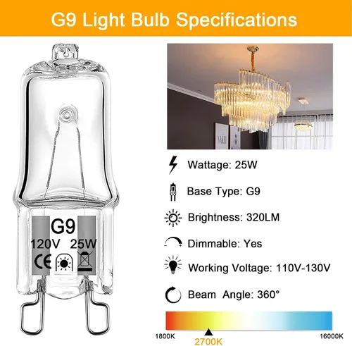 Miniatura 3 de Bombilla G9, paquete de 12 bombillas halógenas transparentes de 2 pines tipo JC, 120 V T4 Bi-Pin 25 W xenón bombilla pequeña regulable 2700 K blanco