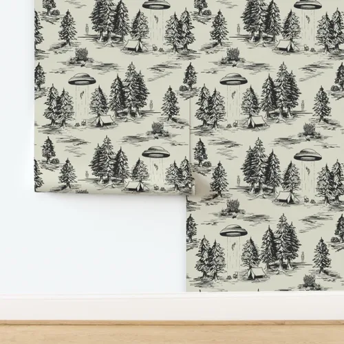 Miniatura 4 de Spoonflower Papel Tapiz Despegar y Pegar Muestra - OVNI Grande Negro Toile De Jouy Abducción Alienígena Espacio Acampada Papel Tapiz Removible
