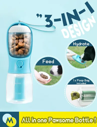 Miniatura 2 de Botella de agua portátil para perros pequeños, dispensador de cuencos de viaje 3 en 1 para mascotas con contenedor de alimentos y soporte para bolsa