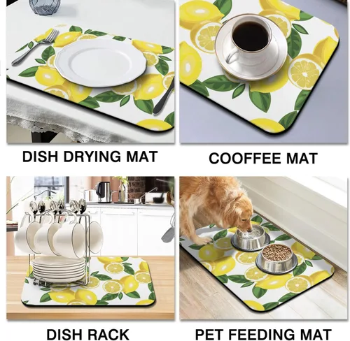 Miniatura 3 de Tapete de secado de platos para encimera de cocina 20x12 pulgadas, tapete de secado rápido de platos lavable, tapete de drenaje absorbente con Limón
