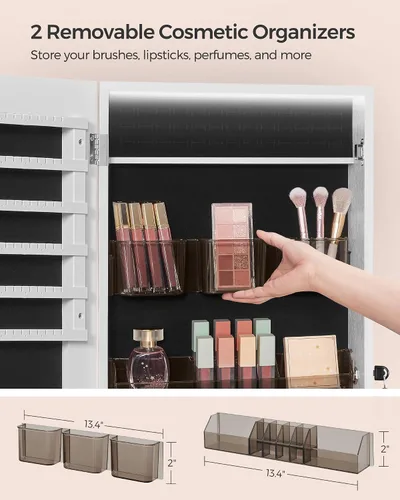 Miniatura 29 de SONGMICS Gabinete colgante de joyería, gabinete de pared con luces interiores LED, organizador de joyas montado en la puerta, espejo de cuerpo Blanco