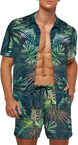AOTORR Conjunto hawaiano de 2 piezas para hombre, trajes de chándal florales, camisas casuales de manga corta y pantalones cortos, trajes para